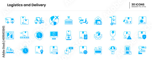 Logistics and Delivery icon set. delivery, shipping, logistics, box, courier, cargo, warehouse, truck, transport, package, shipment. Vector gradient fill icon illustration