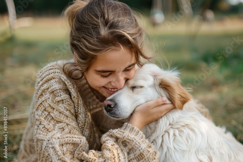 An individual wearing a textured knitted sweater cuddles a fluffy dog in an outdoor setting, reflecting warmth, coziness, and the emotional bond between humans and pets.