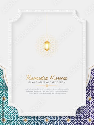 Ramadan Kareem colorful Islamic greeting card with Arabic style pattern and border frame