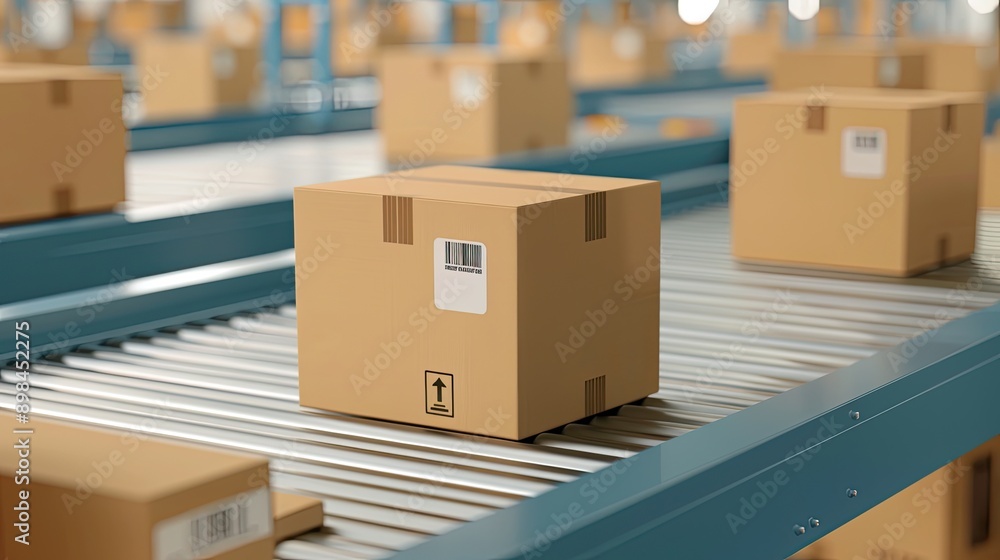 A line of cardboard boxes moves along a conveyor belt in a warehouse setting A line of cardboard boxes moves along a conveyor belt in a warehouse setting