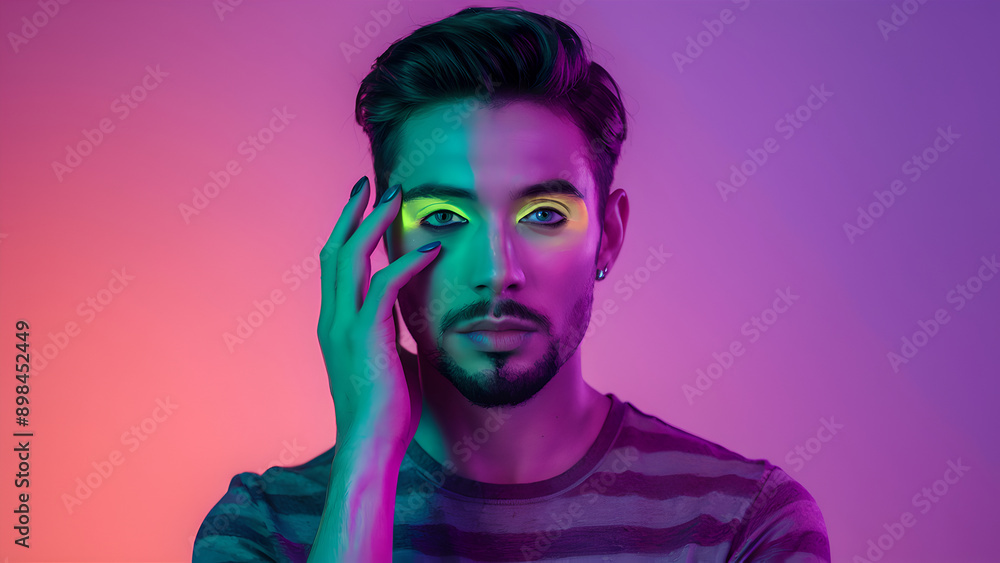 High fashion model in colorful bright neon lights posing at studio. Portrait of beautiful man with trendy glowing make-up. Art design vivid style High fashion model in colorful bright neon lights posing at studio. Portrait of beautiful man with trendy glowing make-up. Art design vivid style