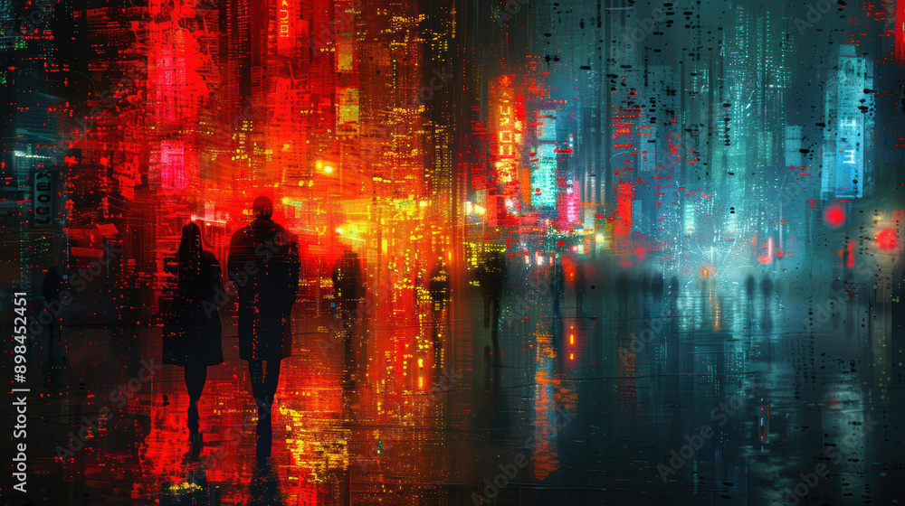 A painting of a city street with people walking in the rain. The painting is in black and white and has a moody, mysterious feel to it A painting of a city street with people walking in the rain. The painting is in black and white and has a moody, mysterious feel to it