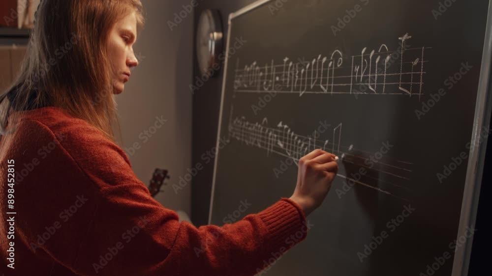Zoom out view of young teacher preparing for lesson and writing musical score on blackboard in music class Zoom out view of young teacher preparing for lesson and writing musical score on blackboard in music class