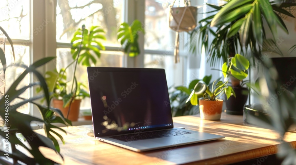 Fototapeta premium Laptop with black screen on a wooden desk surrounded by houseplants with sunlight through windows. Concept of remote work, home office, nature-inspired workspace, freelance. Mockup. Copy space