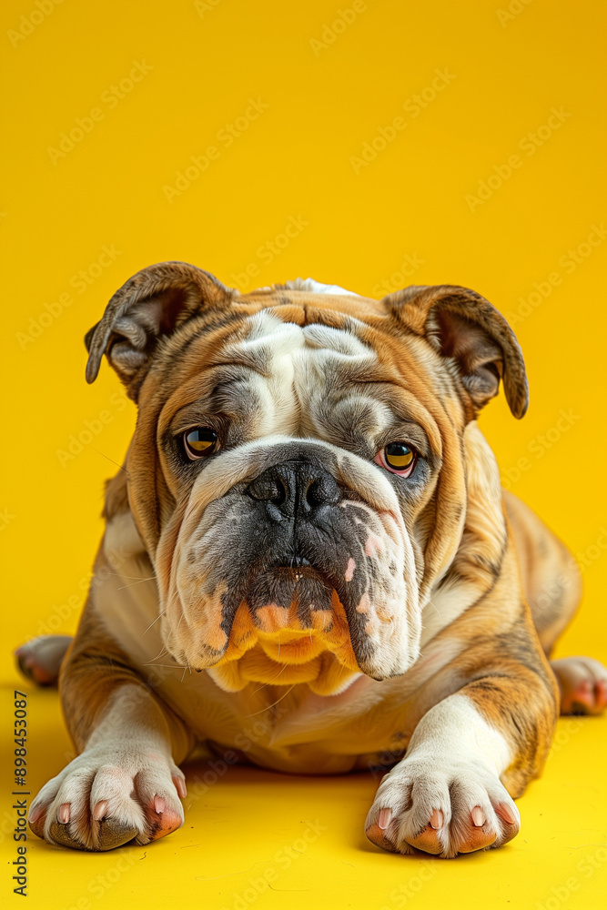 Obraz premium colorful image of english bulldog dog in front of yellow background