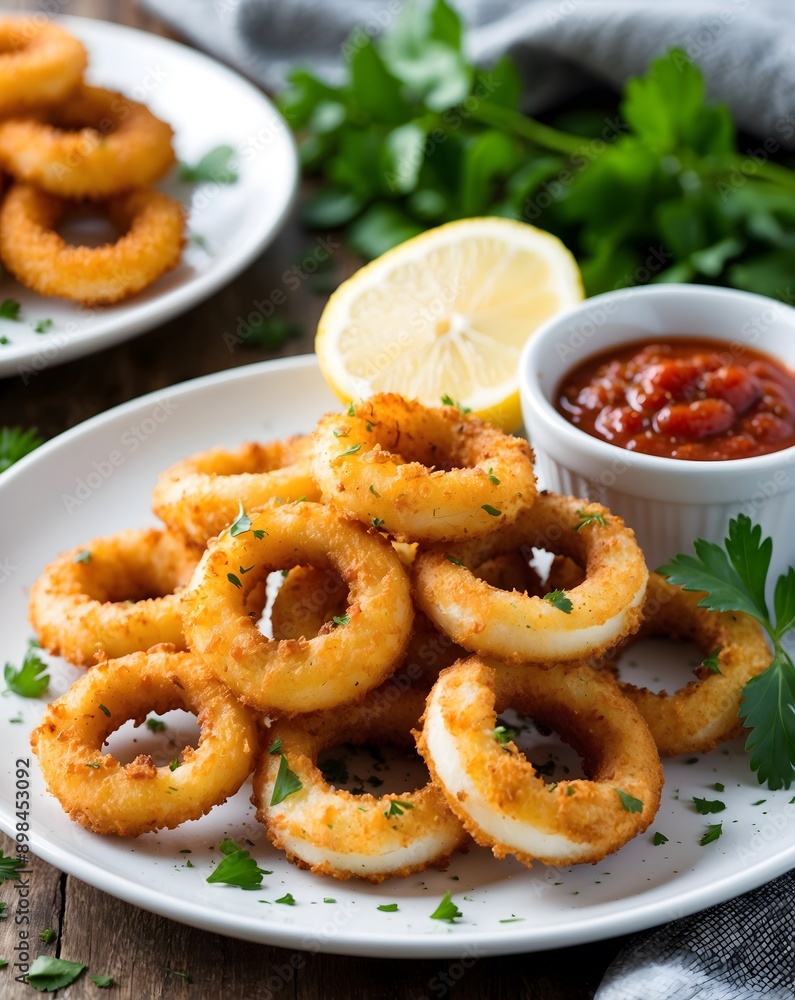 Fried squid or calamari rings with sauce. Ai Generative. Fried squid or calamari rings with sauce. Ai Generative.