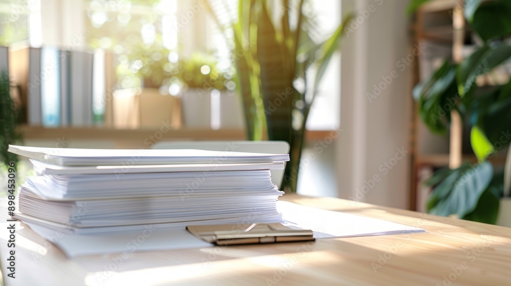 Fototapeta premium Stack of papers and clipboard on white office desk with a potted plant near a window Concept of paperwork, office work, administrative tasks, business documents. Copy space