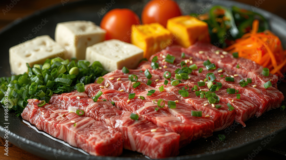 A plate of meat with vegetables and a sauce A plate of meat with vegetables and a sauce