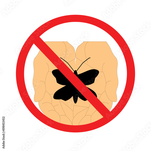 Hands holding the silhouette of a butterfly in red prohibition circle, do not collect butterflies concept