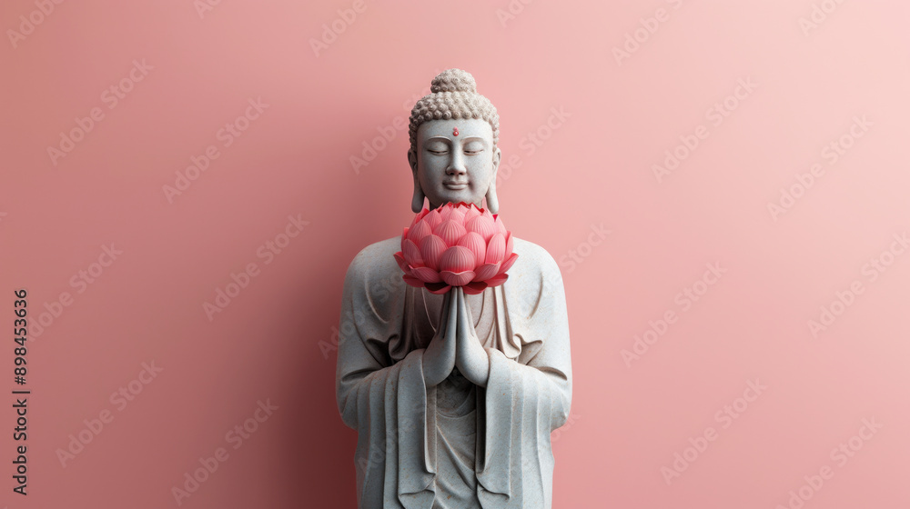 A serene Buddha statue holding a pink lotus flower, set against a soft pink background, symbolizing peace and spirituality. A serene Buddha statue holding a pink lotus flower, set against a soft pink background, symbolizing peace and spirituality.