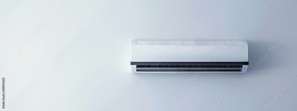 Modern white wall-mounted air conditioning unit in a minimalist room. Concept of home cooling, ventilation, HVAC system, energy efficiency. Banner. Copy space Modern white wall-mounted air conditioning unit in a minimalist room. Concept of home cooling, ventilation, HVAC system, energy efficiency. Banner. Copy space