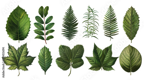 A collection of different types of leaves are shown in various sizes and shapes. The leaves are all green and appear to be from different plants. Concept of nature and the beauty of the natural world