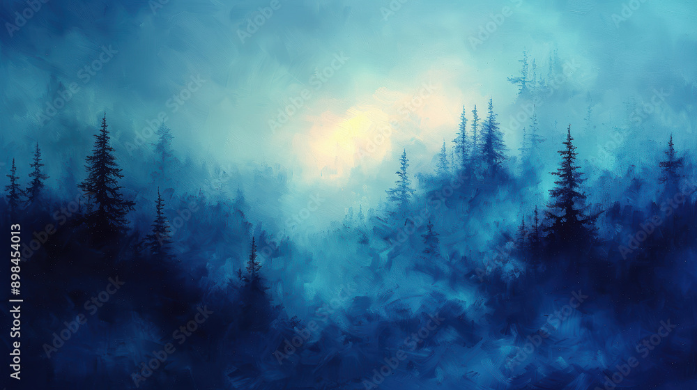 Fototapeta premium A painting of a forest with trees and a sun in the sky. The mood of the painting is serene and peaceful