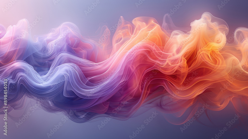 Fototapeta premium A colorful, wavy line of smoke with a purple and orange section. The line is very long and seems to be flowing