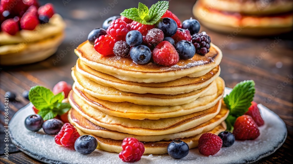Delicious Stack of Pancakes with Fresh Berries and Mint. Delicious Stack of Pancakes with Fresh Berries and Mint.