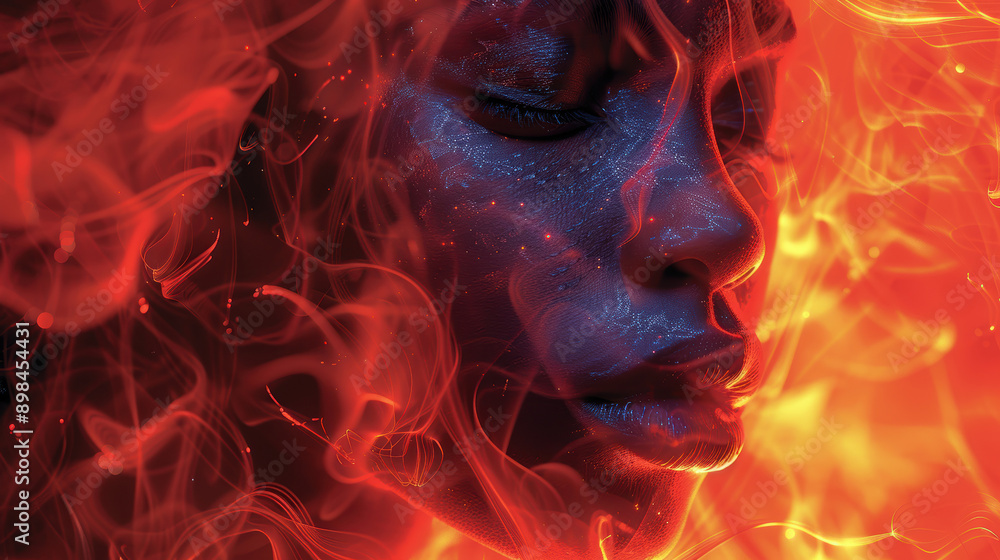 A woman's face is shown in a fiery red and blue color scheme. The smoke and fire surrounding her face give the impression of a burning or dying woman. The image is a striking A woman's face is shown in a fiery red and blue color scheme. The smoke and fire surrounding her face give the impression of a burning or dying woman. The image is a striking