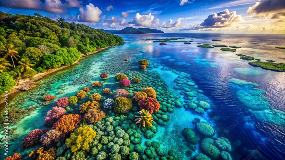 Aerial View of Lush Green Islands and Vibrant Coral Reefs. Aerial View of Lush Green Islands and Vibrant Coral Reefs.