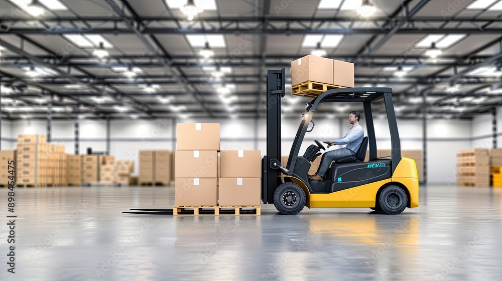 A forklift stands in a busy warehouse with rows of shelves stacked with boxes, while a pallet with three boxes sits in the foreground. A forklift stands in a busy warehouse with rows of shelves stacked with boxes, while a pallet with three boxes sits in the foreground.