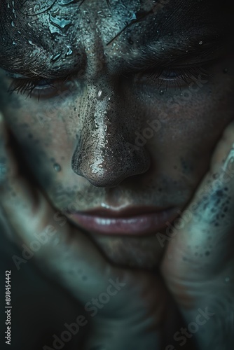 Close-up portrait of a person with an intense expression, face covered in water droplets and dirt, conveying deep emotion and contemplation