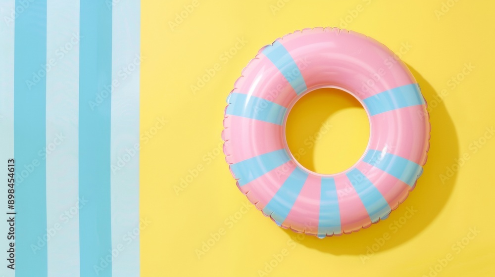 Fototapeta premium Young Adult Caucasian Woman in Striped Swimsuit and Pink Inflatable Ring Posing on a Minimalist Beach-Themed Yellow Background, Early Morning, Bright and Diffused Lighting for a Vibrant Summer Mood