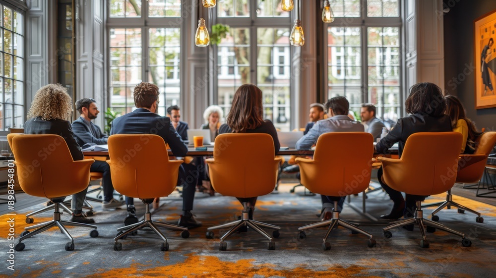 Professionals engaged in a focused business meeting discussion around a large conference table inside a modern office space with expansive windows and contemporary design elements Professionals engaged in a focused business meeting discussion around a large conference table inside a modern office space with expansive windows and contemporary design elements