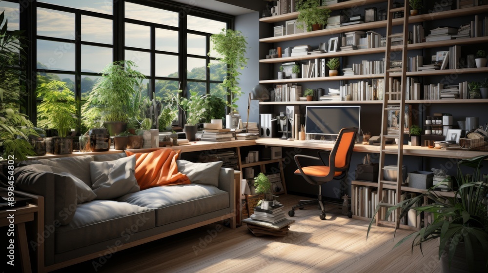 Modern Home Office with Bookshelves and Natural Light Modern Home Office with Bookshelves and Natural Light