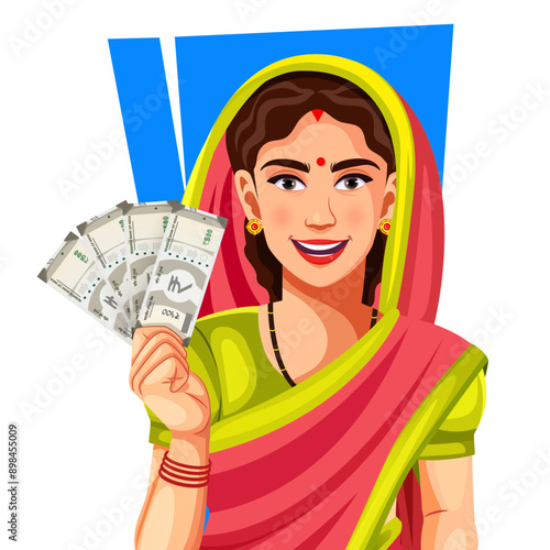 Portrait of a happy Indian asian rural woman in saree holding Indian Rupee notes in hand- concept of profit or earnings, banking or financial and agribusiness