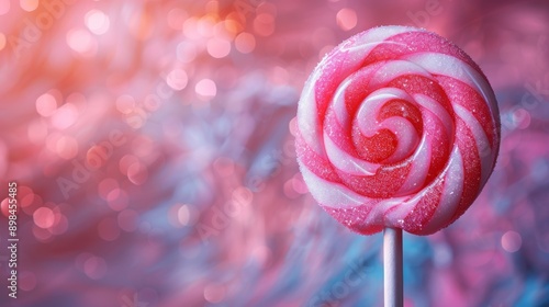 Pink and white swirl lollipop is standing on a stick, with a blurry colorful background with bokeh photo