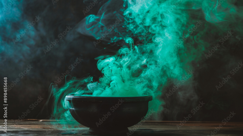 Witch's pot with green potion on dark background. Halloween concept Witch's pot with green potion on dark background. Halloween concept