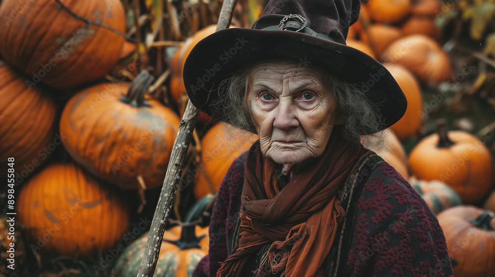 Portrait of an elderly woman in a witch costume at the pumpkin patch Portrait of an elderly woman in a witch costume at the pumpkin patch