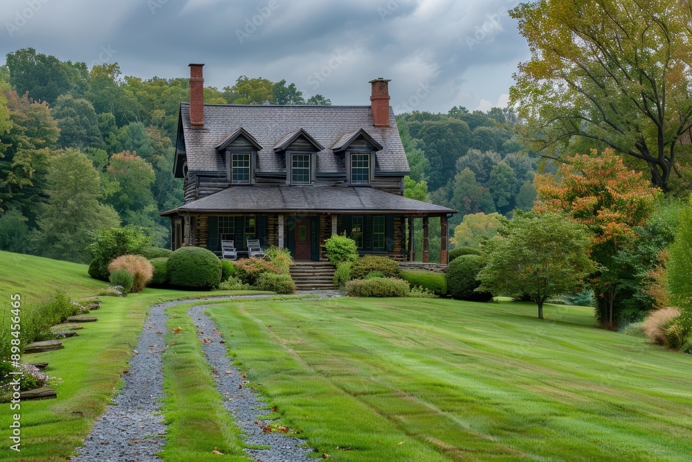 A picturesque country home featuring a rustic design set amidst lush green lawns and vibrant autumn trees under a dramatic cloudy sky A picturesque country home featuring a rustic design set amidst lush green lawns and vibrant autumn trees under a dramatic cloudy sky