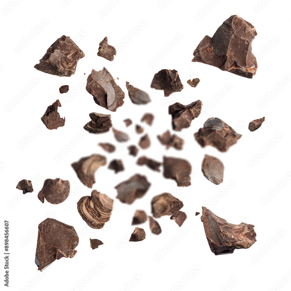Dark chocolate flakes explosion, isolated on white background. Dark chocolate flakes explosion, isolated on white background.