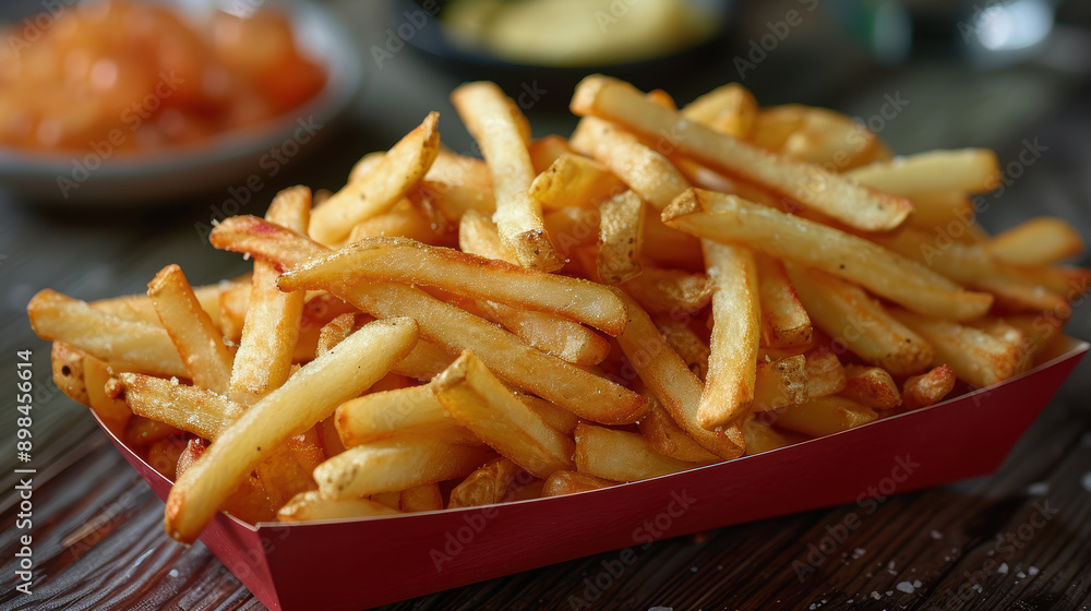 A tray of french fries sits on a wooden table. The fries are golden brown and appear to be freshly cooked. The tray is red and the fries are piled high, creating a sense of abundance and indulgence A tray of french fries sits on a wooden table. The fries are golden brown and appear to be freshly cooked. The tray is red and the fries are piled high, creating a sense of abundance and indulgence