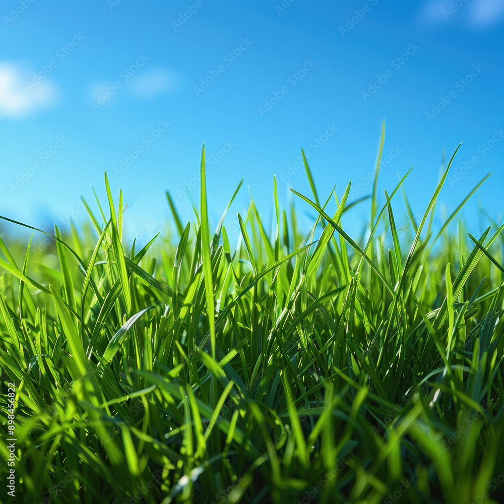 A field of green grass with a clear blue sky in the background. The grass is lush and vibrant, giving the impression of a healthy and thriving environment. The bright blue sky adds a sense of calm A field of green grass with a clear blue sky in the background. The grass is lush and vibrant, giving the impression of a healthy and thriving environment. The bright blue sky adds a sense of calm