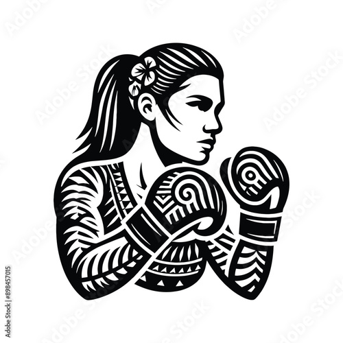 Boxing, Kickboxing   female player in ethnic polynesia pattern illustration, emblem shield badge