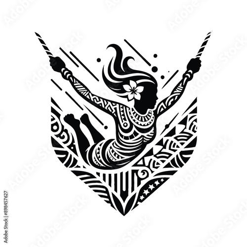 Bungee Jumping  female player in ethnic polynesia pattern illustration, emblem shield badge