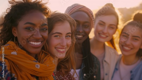 Smiling young women from various ethnic backgrounds, standing closely together and warmly