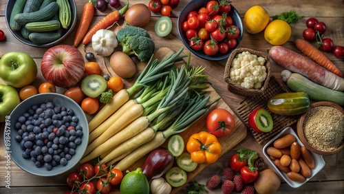 Wallpaper Mural A variety of fresh fruits and vegetables neatly arranged on a wooden table.
 Torontodigital.ca