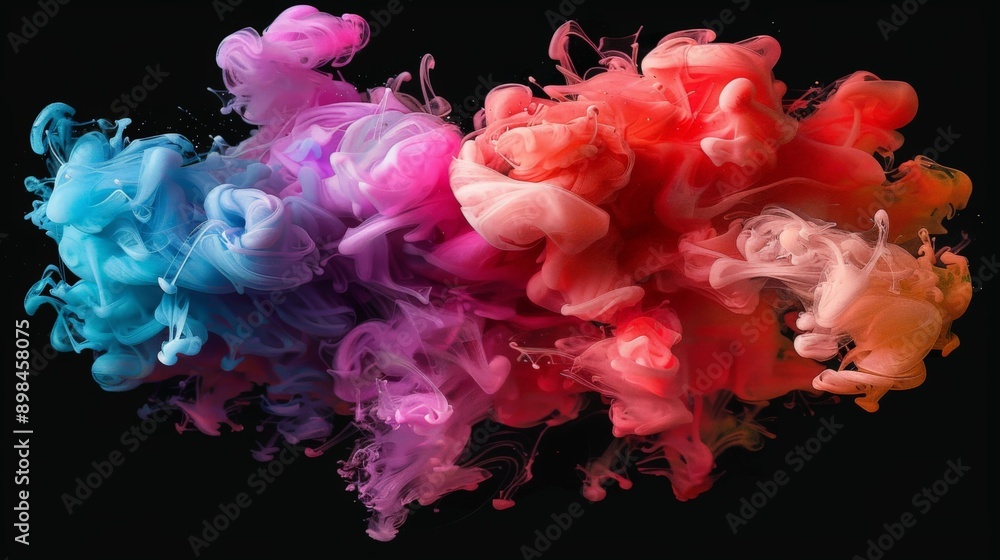 Colorful ink mixing on black background creating abstract shapes Colorful ink mixing on black background creating abstract shapes