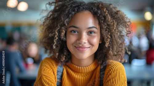 A young girl with curly hair and bright eyes smiles warmly while wearing a yellow sweater, sitting in a cozy café surrounded by blurred patrons.