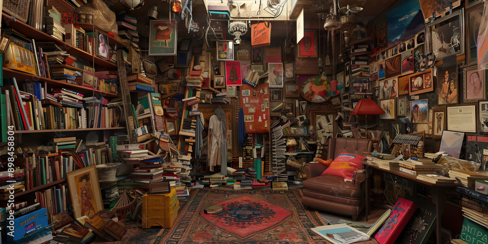 Curious Collection of the Hoarder: A cluttered, chaotic space filled with books, trinkets, and oddities. Curious Collection of the Hoarder: A cluttered, chaotic space filled with books, trinkets, and oddities.