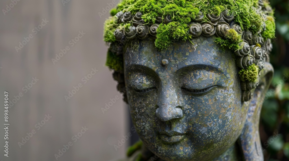 A serene and strikingly realistic Buddha statue adorned with moss, set against a neutral background
