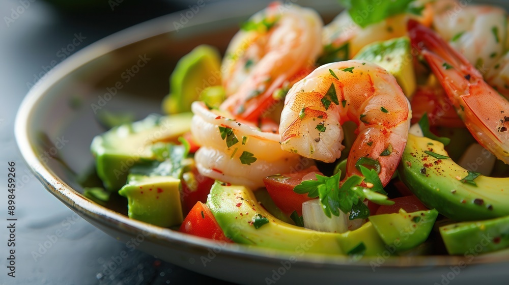 Salad with fresh avocado fruit and seafood closeup view Salad with fresh avocado fruit and seafood closeup view
