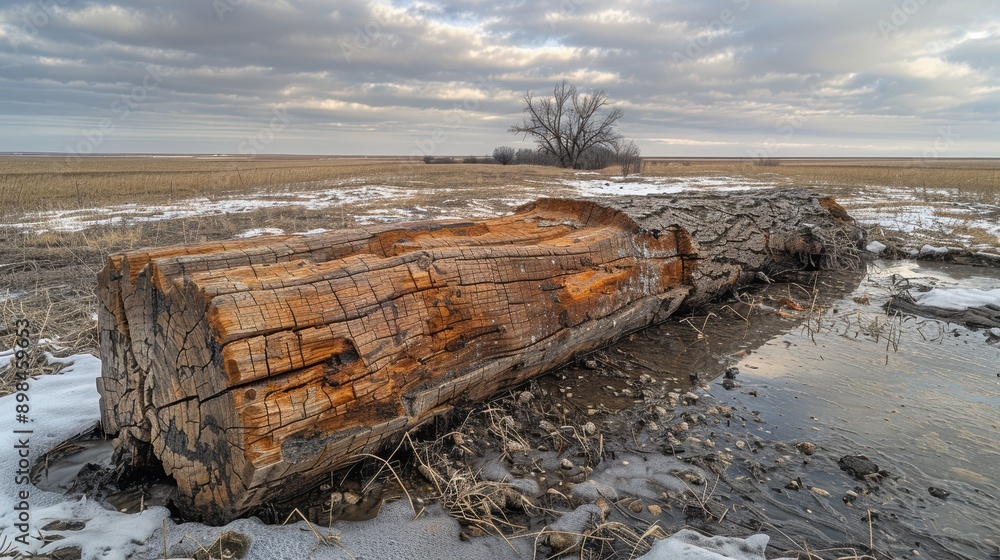 A fallen and weathered log amidst a vast, barren field with a distant tree under a dramatic cloudy sky, suggesting the transition of seasons from winter to spring A fallen and weathered log amidst a vast, barren field with a distant tree under a dramatic cloudy sky, suggesting the transition of seasons from winter to spring