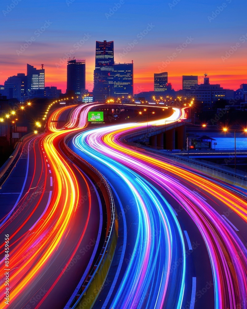Fototapeta premium Urban Lights: Long Exposure Cityscape with Light Trails at Night