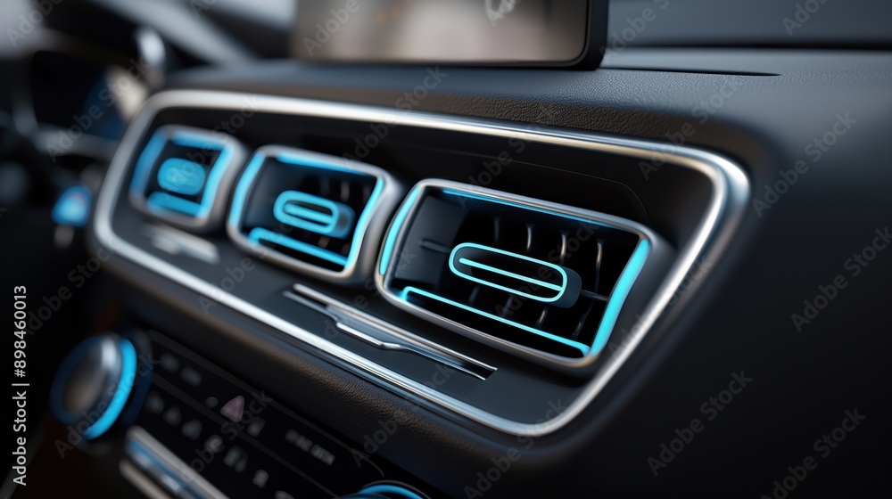 Close-up of modern car interior with illuminated blue air vents and dashboard controls. Close-up of modern car interior with illuminated blue air vents and dashboard controls.