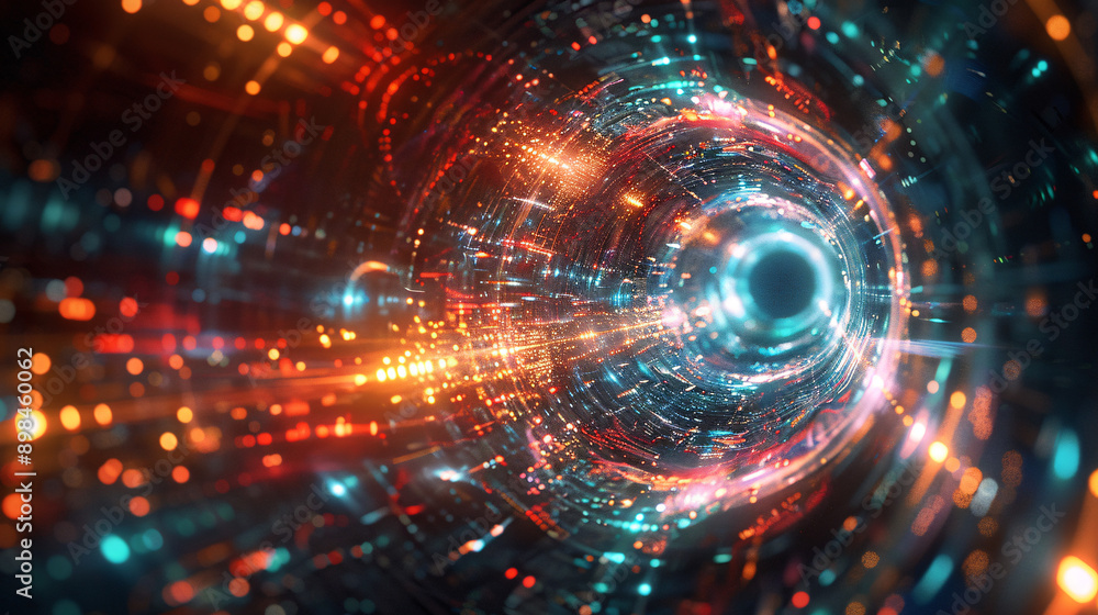 Obraz premium Neon Glowing Digital Tunnel in Cyberspace with Space for Text - Futuristic Technology Background