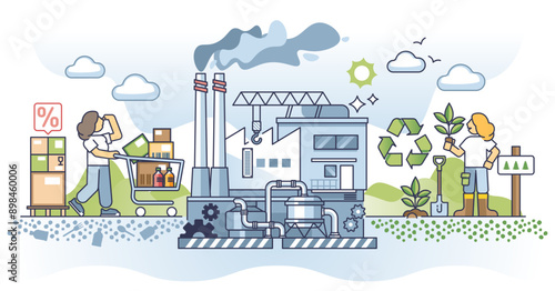 Consumerism vs sustainability society lifestyle comparison outline concept, transparent background.