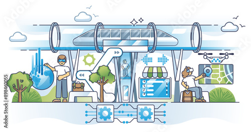 Future of city transportation with modern infrastructure outline concept, transparent background. Autonomous and sustainable traffic management with train.