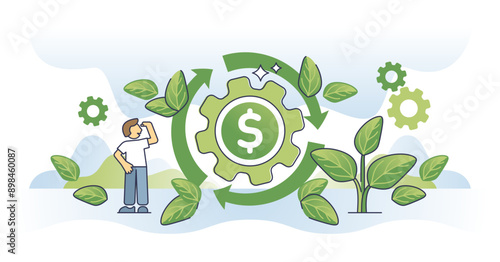 Impact investing and green investment strategy for profit outline concept, transparent background. Financial earnings with nature friendly, sustainable and environmental project illustration.